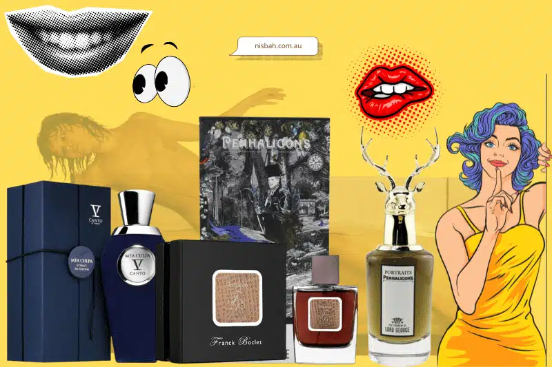 A vibrant collage-style perfume advertisement featuring luxury fragrance brands like Penhaligon’s, V Canto, and Franck Boclet, over a bright yellow background with pop art elements and a nisbah.com.au banner.