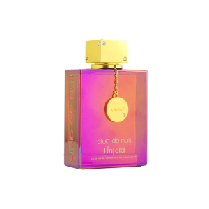 A bottle of ARMAF Club De Nuit Untold Eau de Parfum 105ml with a vibrant gradient design in pink, orange, and purple tones, featuring a gold cap and medallion.