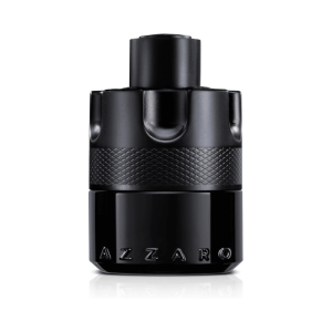 A close-up shot of the Azzaro The Most Wanted men's cologne bottle, showcasing its black cylindrical shape, a raised diamond pattern around the middle, and the "AZZARO" name embossed at the base.