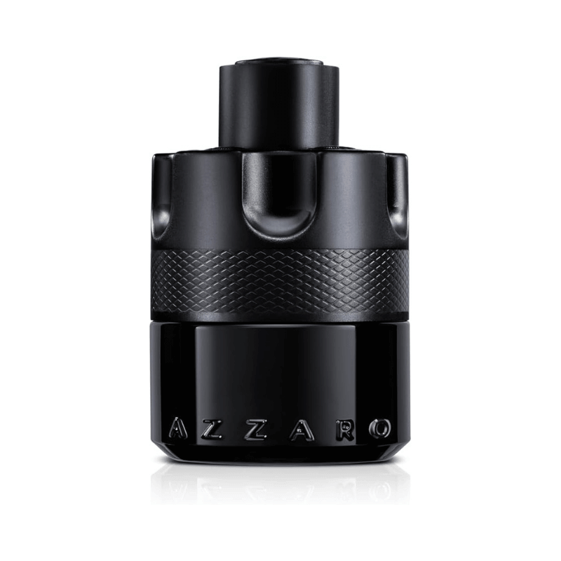 A close-up shot of the Azzaro The Most Wanted men's cologne bottle, showcasing its black cylindrical shape, a raised diamond pattern around the middle, and the "AZZARO" name embossed at the base.