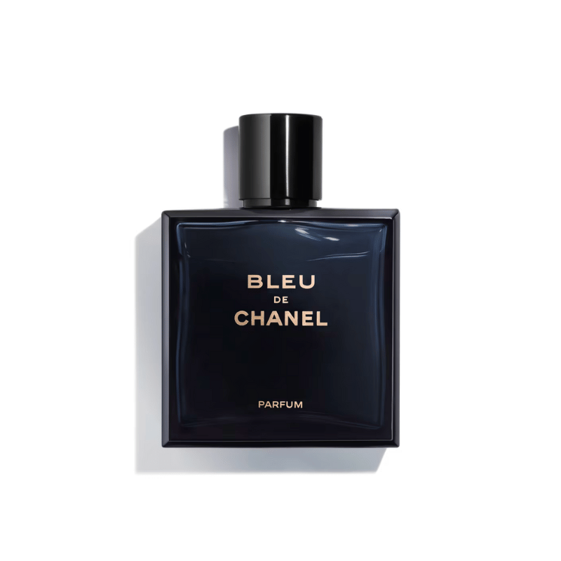 A 100ml bottle of Bleu de Chanel Parfum for men against a white background.