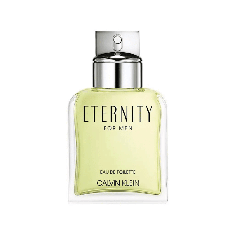 A bottle of Calvin Klein Eternity for Men Eau de Toilette with a chrome cap and a light yellow-green liquid.