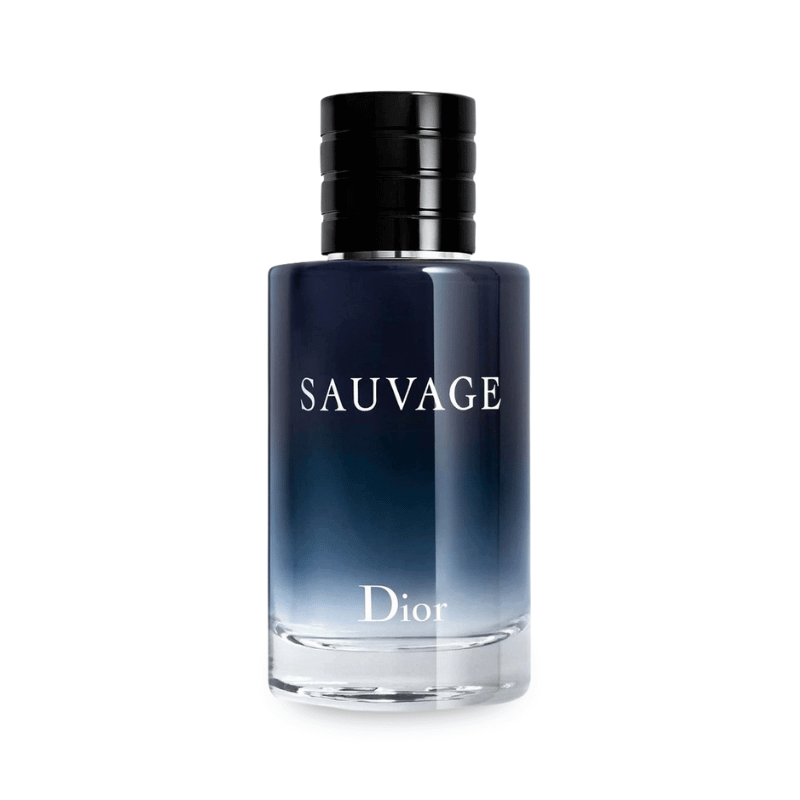 A close-up shot of a bottle of Christian Dior Sauvage Eau de Toilette. The glass bottle has a light blue-to-dark blue gradient and the fragrance name "SAUVAGE EAU DE TOILETTE" is in white text on the front