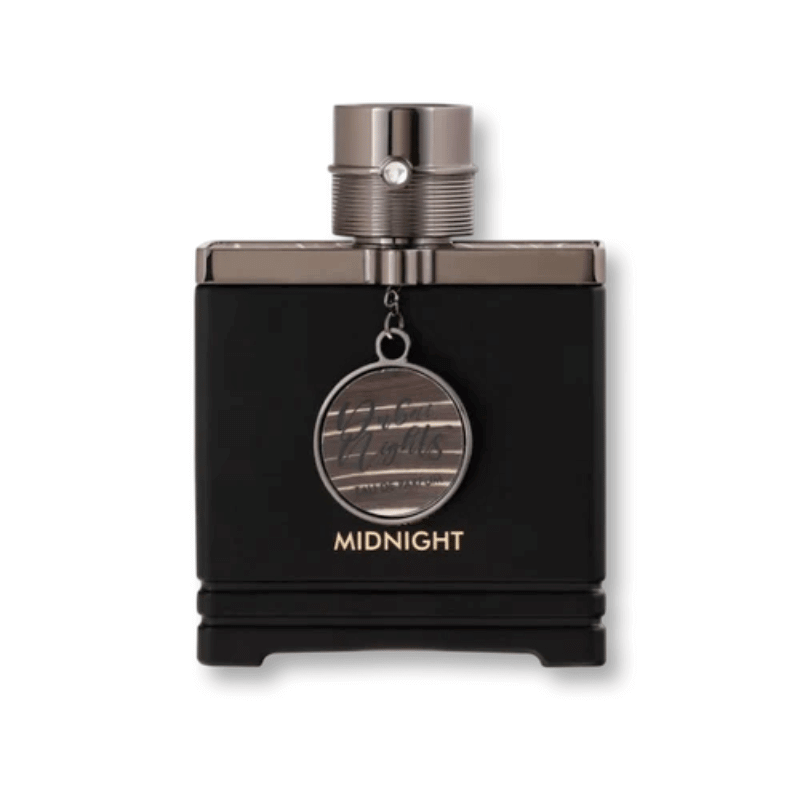 Armaf Dubai Nights Midnight Eau de Parfum in sleek black bottle with metallic medallion.