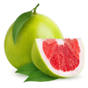 A whole green pomelo and a slice of pomelo with pink flesh and white pith, isolated on a white background.