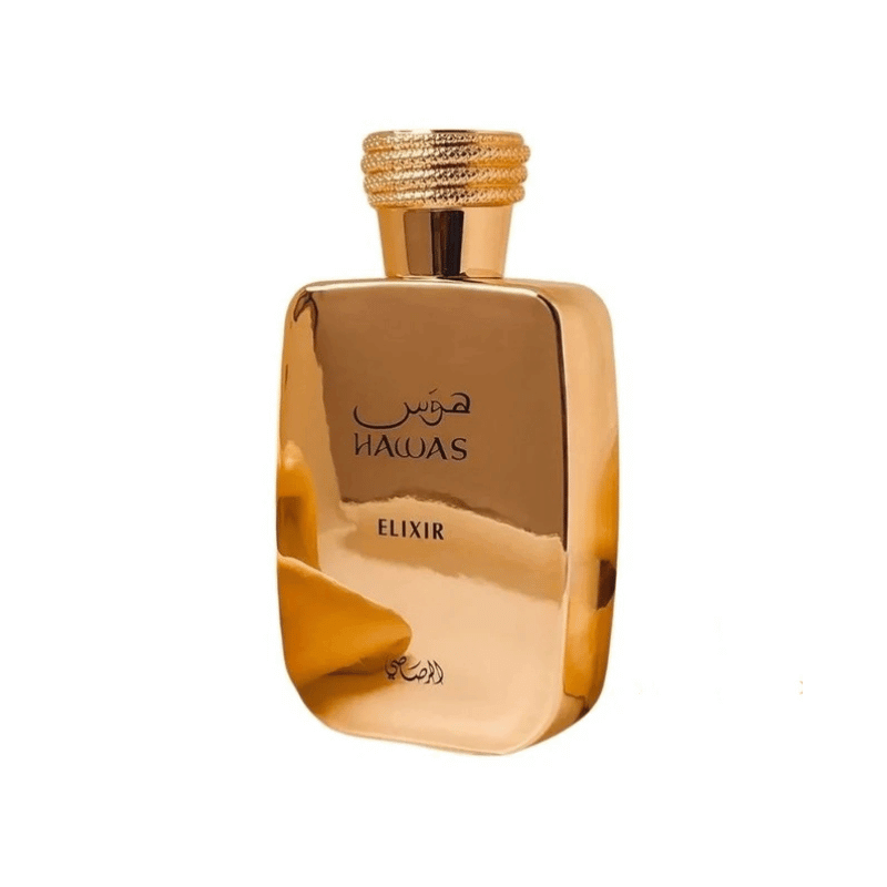 A rectangular, golden-colored perfume bottle with "HAWAS ELIXIR" and Arabic script written on the front.