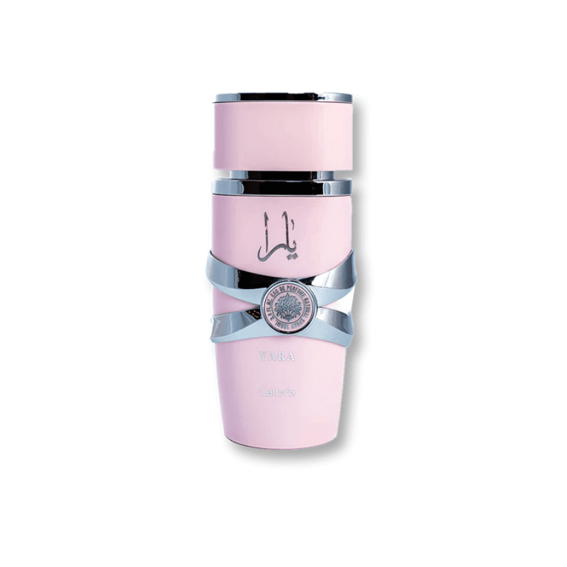 A single pink Lattafa Yara perfume bottle with a silver 'X' shaped band around the middle, shown against a white background.