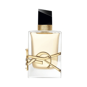 A bottle of Yves Saint Laurent Libre Eau de Parfum with the gold YSL logo wrapping around it.