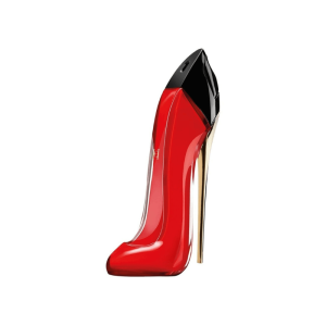 Carolina Herrera Very Good Girl perfume bottle, shaped like a red stiletto with a black and gold heel