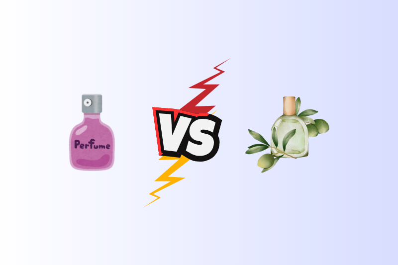 A visual comparison image showing a purple bottle labeled "Perfume" versus a clear, green-tinted bottle with olive branches.