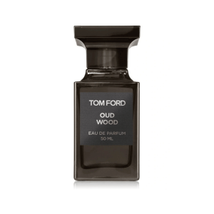 Tom Ford Oud Wood Eau de Parfum 50ml bottle in a sleek dark glass design with silver text on the label, displayed on a white background.