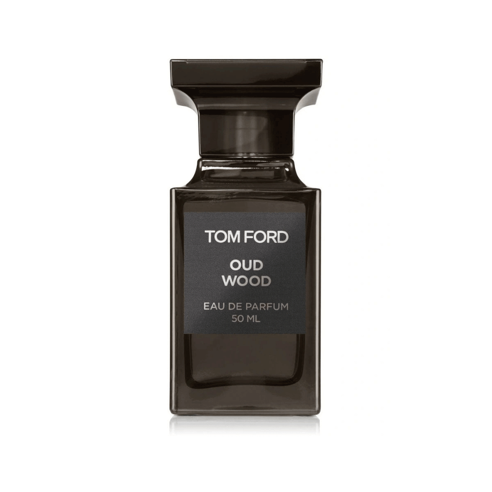 Tom Ford Oud Wood Eau de Parfum 50ml bottle in a sleek dark glass design with silver text on the label, displayed on a white background.