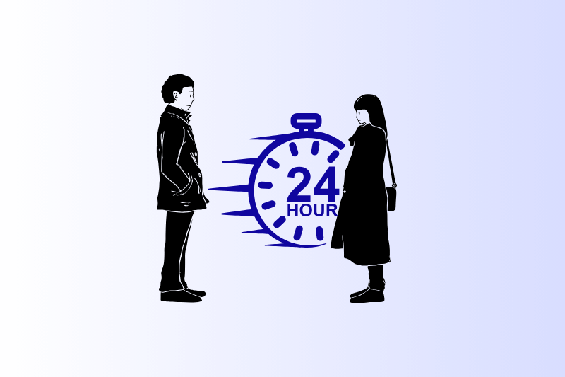 Graphic symbolizing the concept of a long-lasting, 24-hour duration, with a man and a woman on opposite sides of a stopwatch