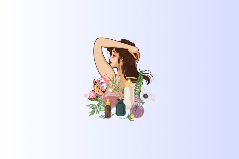 A soft, stylized illustration of a woman applying a spray fragrance to her neck, surrounded by various glass perfume bottles, lotion containers, and lush botanical elements like flowers and leaves.