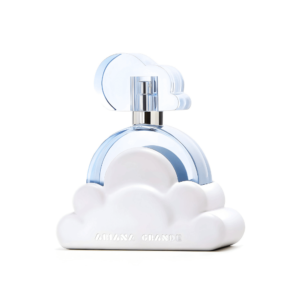 Ariana Grande Cloud Eau de Parfum bottle featuring a light blue rounded glass design sitting in a white cloud-shaped base with a matching cloud cap.