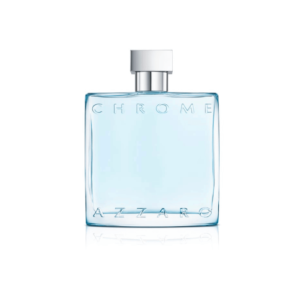 Azzaro Chrome Eau de Toilette 100ml — light blue fragrance bottle with silver cap, featuring embossed ‘Chrome’ and ‘Azzaro’ branding.