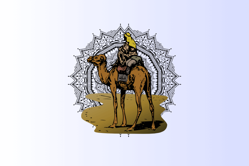 Decorative image suggesting an Arabian theme, showing a camel with a rider in front of an intricate circular mandala design, used as a visual for Arabic perfumes.