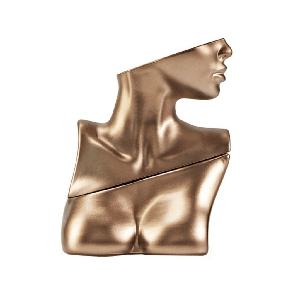 Artistic bronze perfume bottle shaped like an abstract female torso and neck, with a sculptural, modern design.