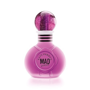 Katy Perry Mad Potion perfume bottle in a vibrant purple design with a glittery spherical cap and whimsical branding.