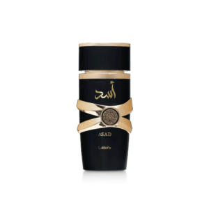 Black Lattafa Asad perfume bottle with gold Arabic script and gold metallic criss-cross band featuring a circular decorative emblem at the center.