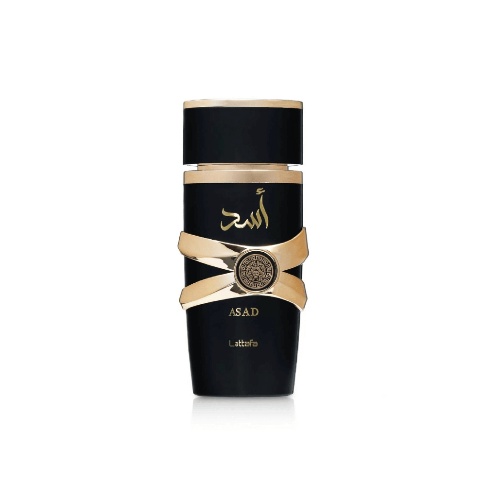 Black Lattafa Asad perfume bottle with gold Arabic script and gold metallic criss-cross band featuring a circular decorative emblem at the center.