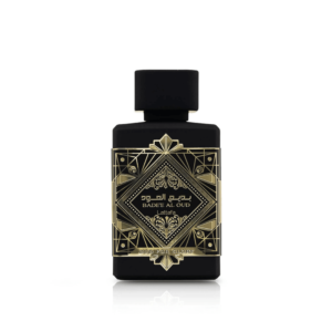 Lattafa Bade'e Al Oud Oud for Glory perfume bottle — matte black bottle with gold Arabic ornamental design — Eau de Parfum 100ml.