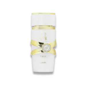 White Lattafa Yara perfume bottle with gold Arabic script and metallic gold criss-cross band featuring a circular emblem at the center.