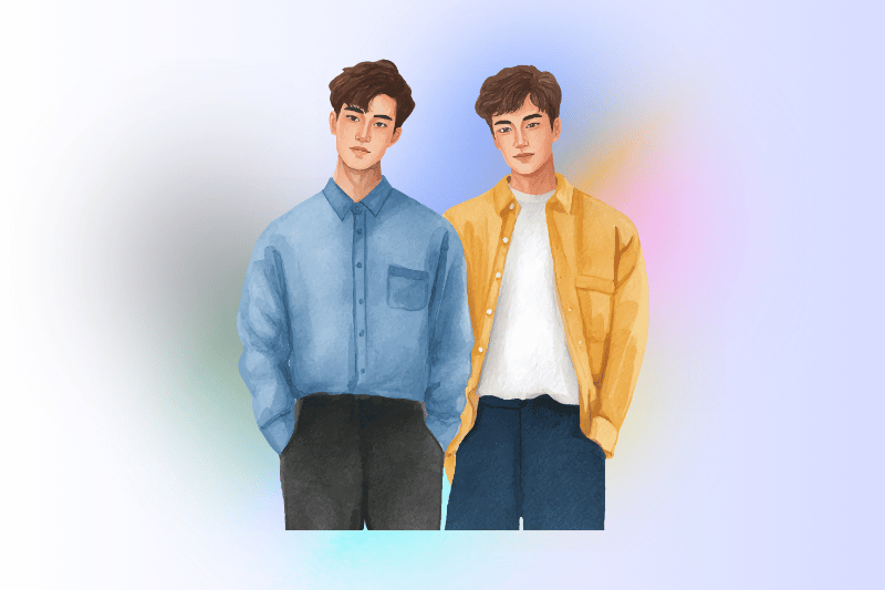 A watercolor-style illustration featuring two young men standing side-by-side against a soft, gradient background. The man on the left wears a light blue collared shirt and dark trousers. The man on the right wears an open mustard yellow jacket over a white undershirt and dark blue trousers. Both have their hands in their pockets and are looking forward.