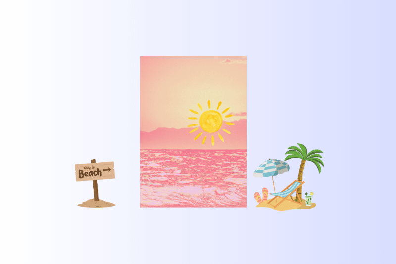 A whimsical, summery image featuring a central illustration of a bright yellow sun setting over pink-tinted ocean waves. To the left is a wooden sign reading "Way To Beach" pointing right, and to the right is a beach scene illustration with a striped umbrella, a lounge chair, and a palm tree on a patch of sand. The overall color scheme is light pink, yellow, and pale blue/white.