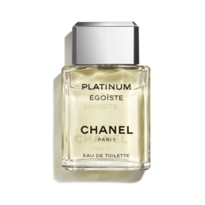 Chanel Platinum Égoïste Eau de Toilette bottle standing upright with a reflective silver cap.