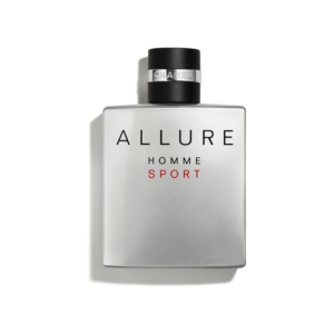 Front view of the Chanel Allure Homme Sport Eau de Toilette bottle with a silver finish and black cap.