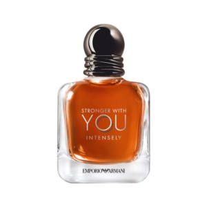 Emporio Armani Stronger With You Intensely Eau de Parfum bottle featuring a warm amber liquid, rounded black cap, and clear glass design with the fragrance name printed on the front.