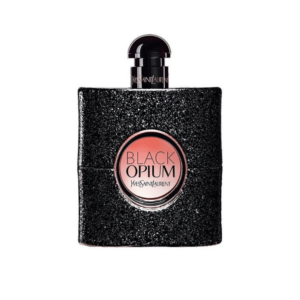Close-up of the YSL Black Opium Eau de Parfum bottle with a black glitter finish and pink circular centre.