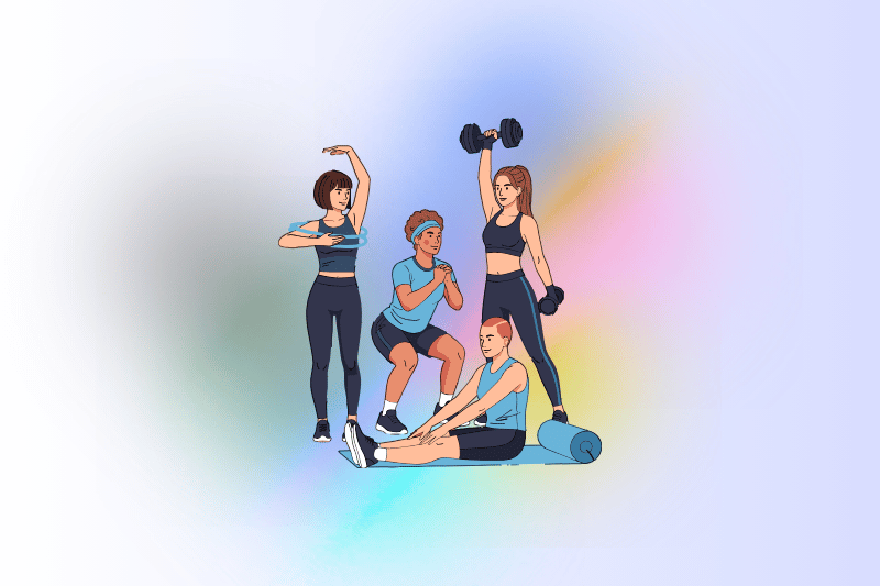 Illustration of Four People Exercising Together Against a Soft Rainbow Gradient Background One Woman Stretching Her Arm One Person Doing a Squat Another Woman Lifting Dumbbells Overhead and a Man Sitting on the Floor Stretching Near a Rolled Up Yoga Mat   100 Authentic Fragrance  Australia Wide Shipping   100 Authentic Fragrance  Australia Wide Shipping