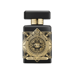 Initio Oud for Greatness Eau De Parfum  90ml Black and Gold Bottle Against a White Background the Square Matte Black Flacon Features an Ornate Gold Art Deco Label with the All seeing Eye Motif Geometric Star Pattern and black Gold Project  Oud for Greatness Inscription Topped with a Faceted Black Cap and Gold Collar   100 Authentic Fragrance  Australia Wide Shipping