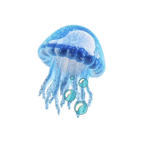 Blue jellyfish with long tentacles and bubbles rising around it.