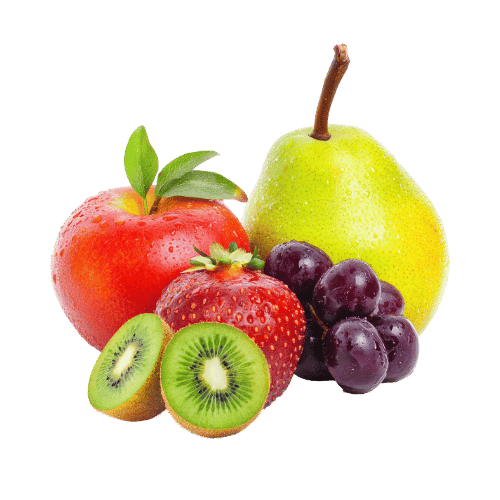 Assorted fresh fruits: red apple, green pear, strawberry, kiwi slices, and grapes.