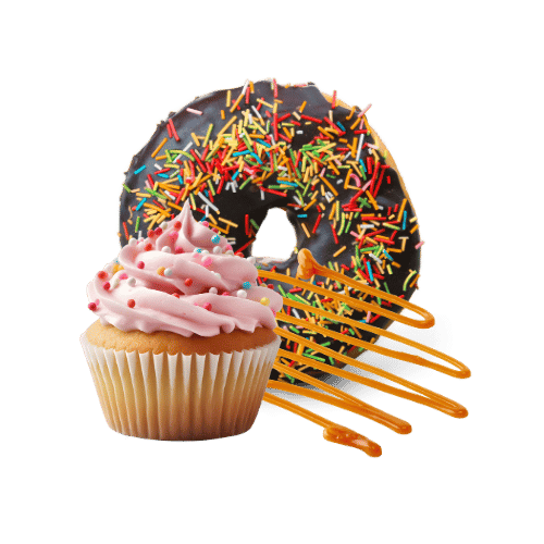 Cupcake with pink frosting and sprinkles beside a chocolate donut with rainbow sprinkles and caramel drizzle.